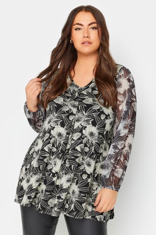 evans YOURS Curve Black Floral Mesh Sleeve Top