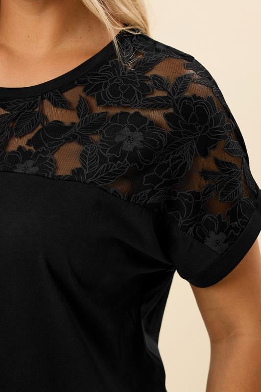 Evans YOURS Curve Black Floral Mesh T-Shirt