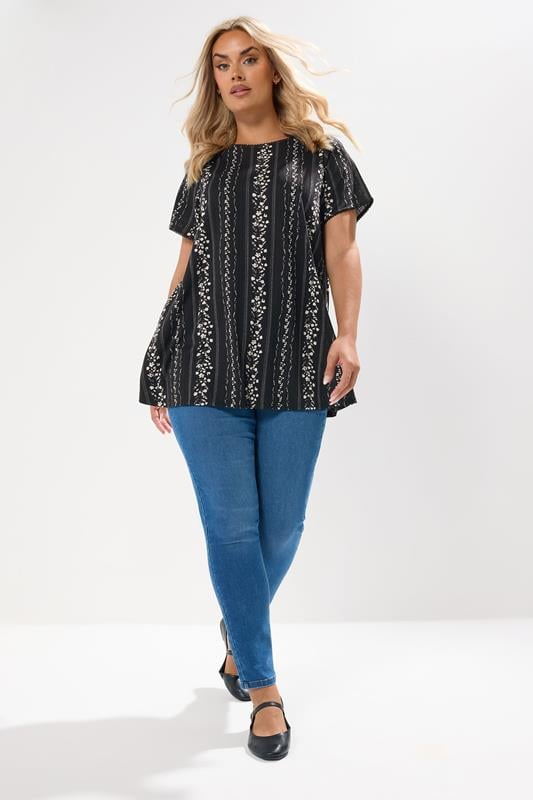Evans YOURS Curve Black Floral Pointelle Swing Top