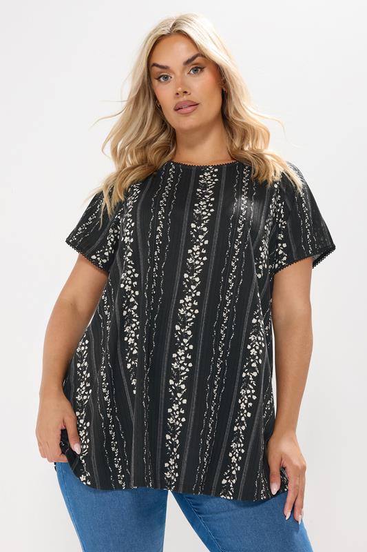 evans YOURS Curve Black Floral Pointelle Swing Top