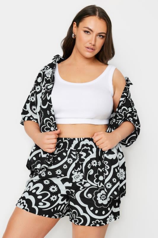 evans YOURS Curve Black Floral Print Linen Shorts
