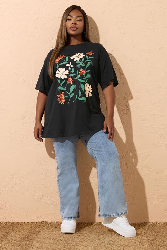 Evans YOURS Curve Black Floral Print T-Shirt