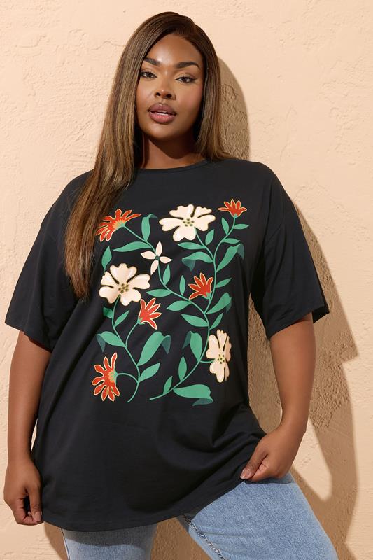 evans YOURS Curve Black Floral Print T-Shirt