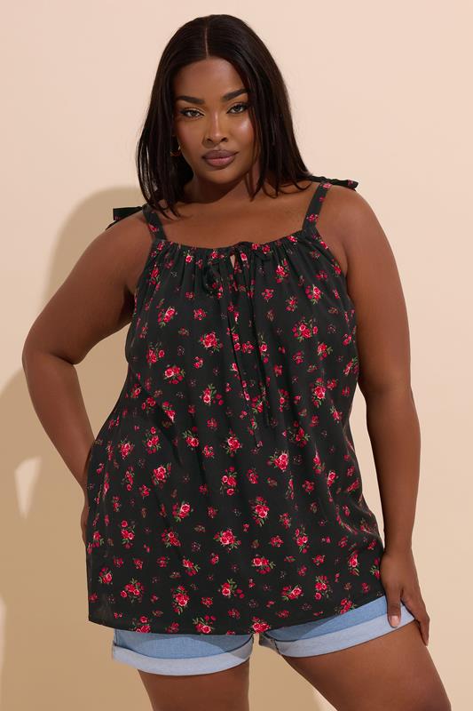 evans YOURS Curve Black Floral Tie Front Cami Top