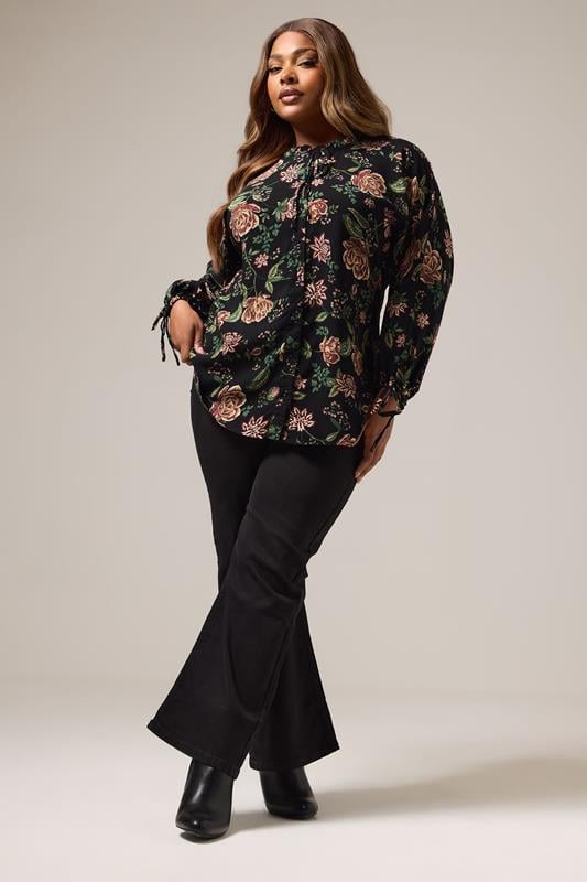 Evans YOURS Curve Black Floral Tie Neck Blouse