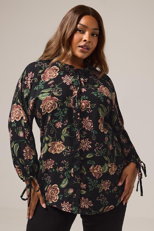 evans YOURS Curve Black Floral Tie Neck Blouse