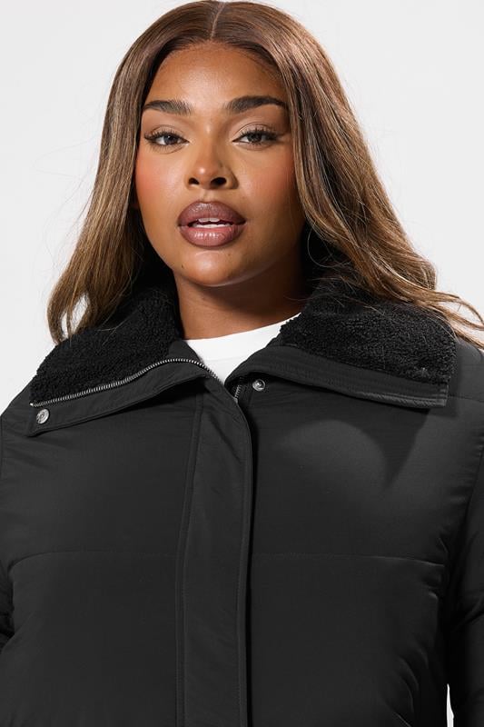 Evans YOURS Curve Black Funnel Neck Midi Coat