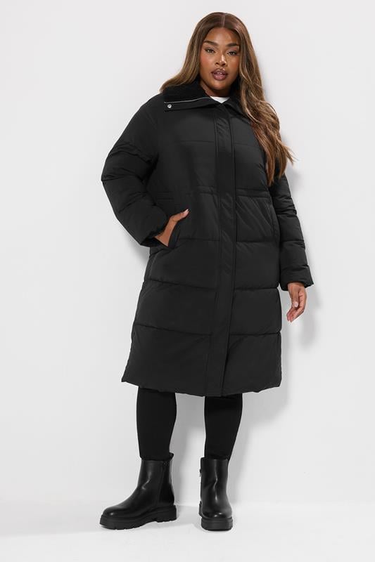 evans YOURS Curve Black Funnel Neck Midi Coat