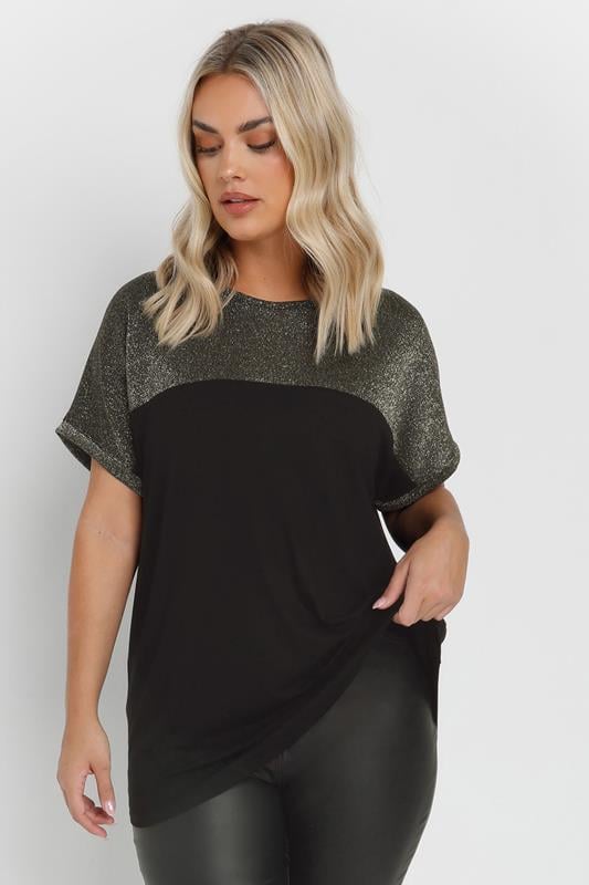 evans YOURS Curve Black & Gold Foil Detail Top