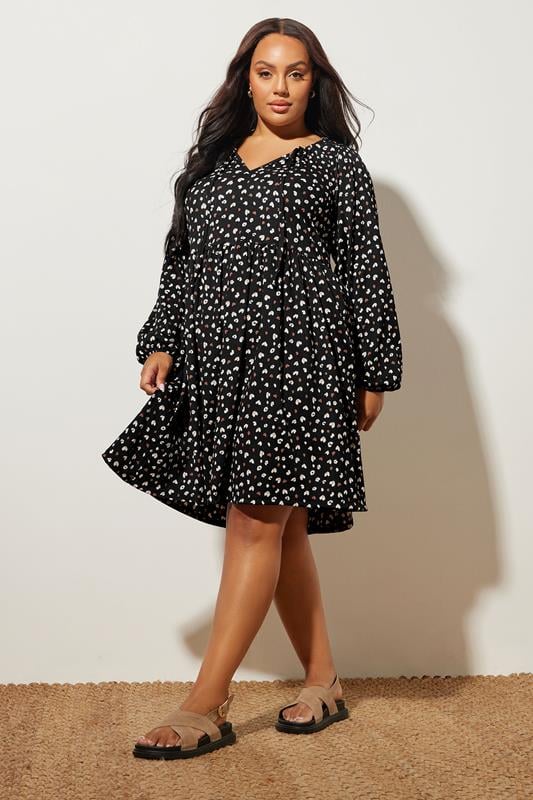 Evans YOURS Curve Black Heart Print Tie Neck Dress