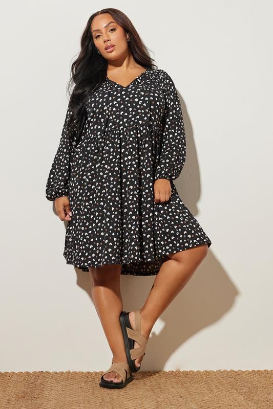 evans YOURS Curve Black Heart Print Tie Neck Dress