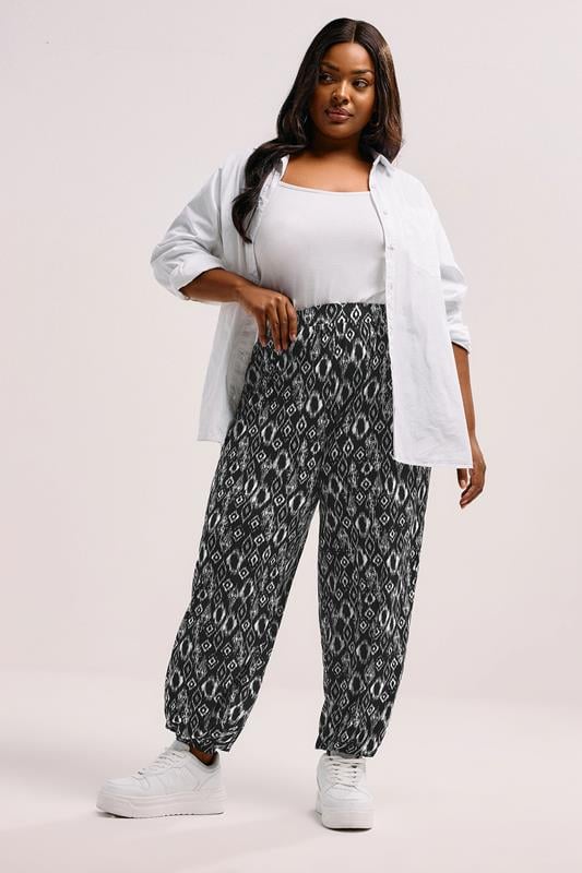Evans YOURS Curve Black Ikat Cuffed Harem Trousers