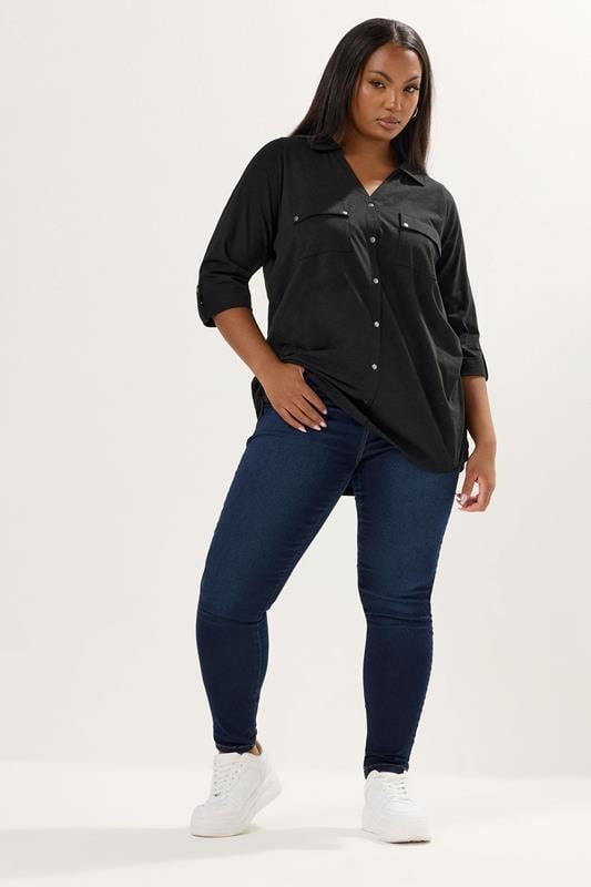 Evans YOURS Curve Black Jersey Placket Shirt