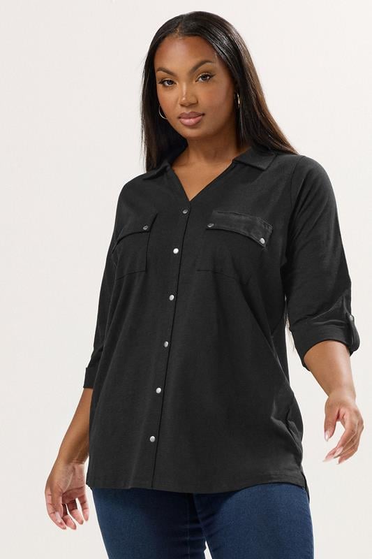 evans YOURS Curve Black Jersey Placket Shirt