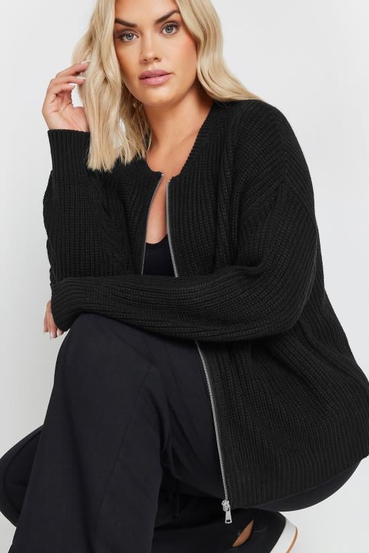 evans YOURS Curve Black Knitted Bomber Cardigan