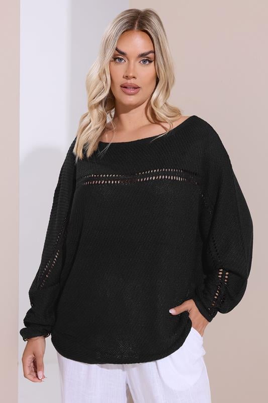 evans YOURS Curve Black Knitted Pointelle Jumper