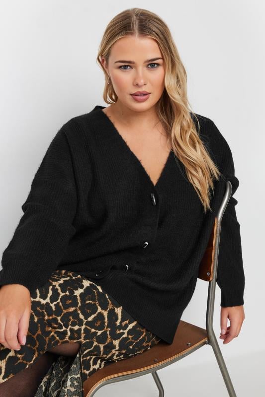 evans YOURS Curve Black Knitted Toggle Cardigan