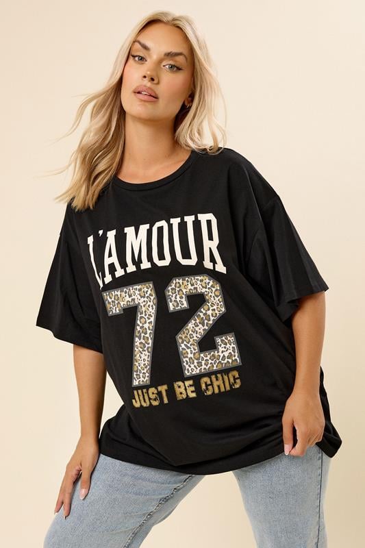 evans YOURS Curve Black 'L'Amour' Slogan T-Shirt