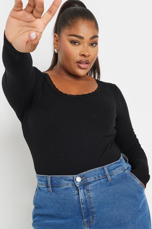 Evans YOURS Curve Black Lace Trim Bodysuit