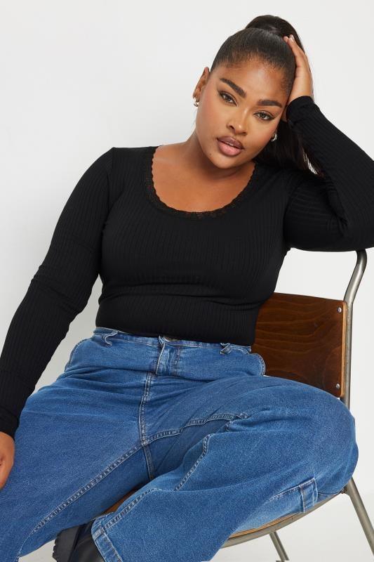 evans YOURS Curve Black Lace Trim Bodysuit