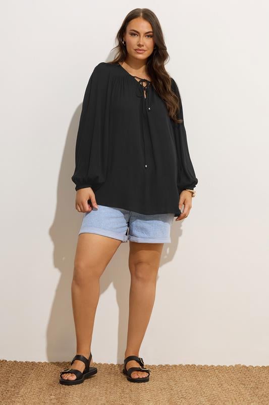 Evans YOURS Curve Black Lattice Tie Front Blouse
