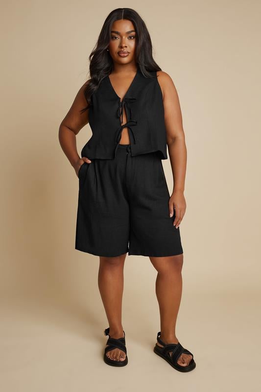 evans YOURS Curve Black Linen Bermuda Shorts