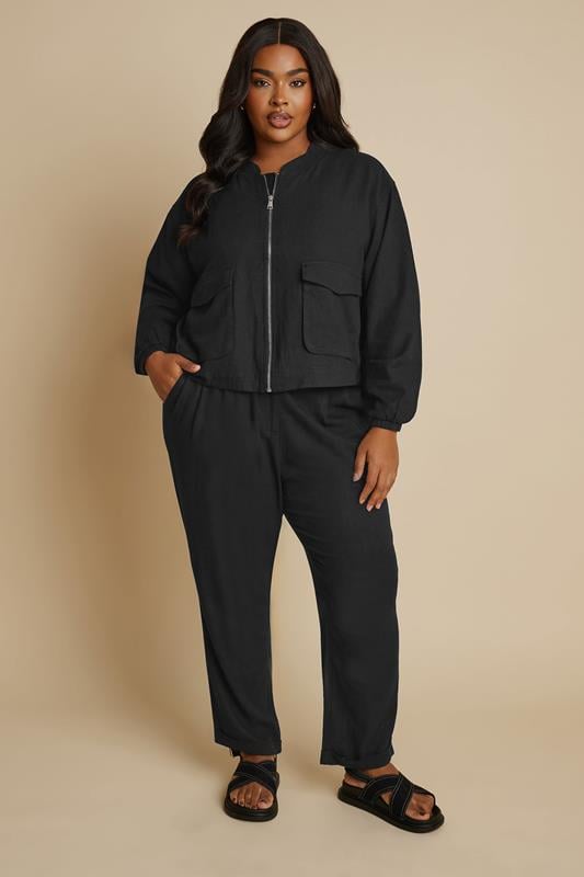 Evans YOURS Curve Black Linen Bomber Jacket