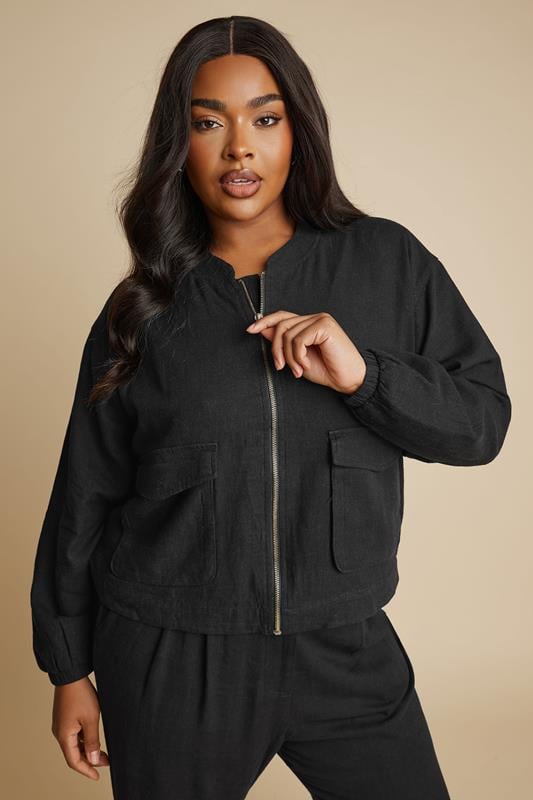 Evans YOURS Curve Black Linen Bomber Jacket
