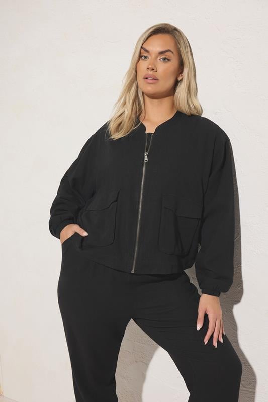 evans YOURS Curve Black Linen Bomber Jacket
