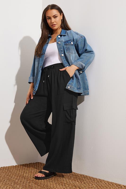Evans YOURS Curve Black Linen Cargo Trousers