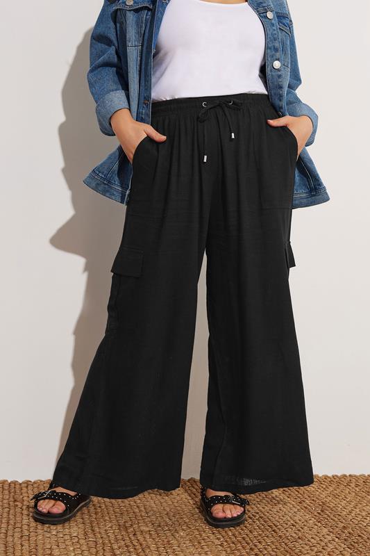 evans YOURS Curve Black Linen Cargo Trousers