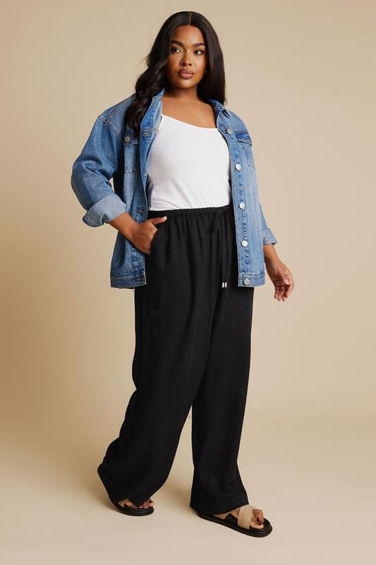 Evans YOURS Curve Black Linen Tie Front Trousers