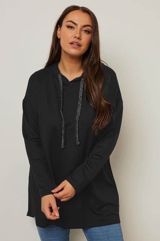Evans YOURS Curve Black Metallic Drawstring Hoodie
