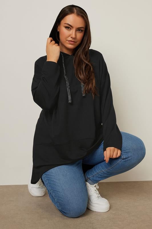 evans YOURS Curve Black Metallic Drawstring Hoodie