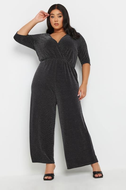 Evans YOURS Curve Black Metallic Wrap Jumpsuit