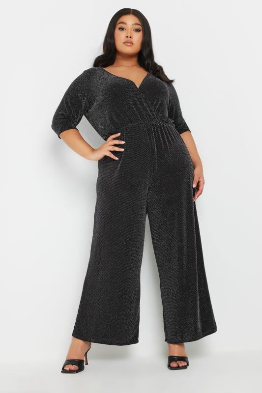 evans YOURS Curve Black Metallic Wrap Jumpsuit