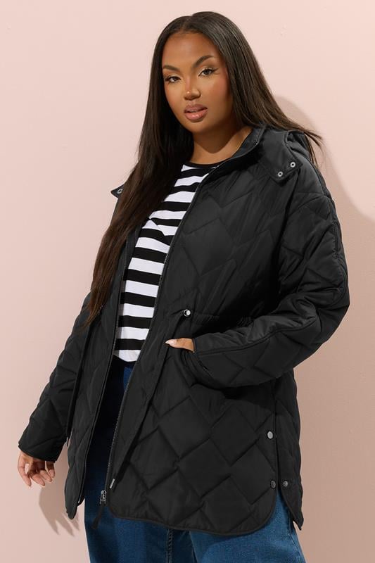 evans YOURS Curve Black Midi Quilted Padded Jacket