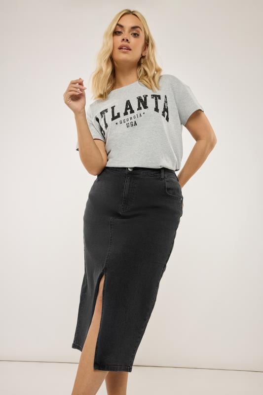 evans YOURS Curve Black Midi Stretch Denim Skirt