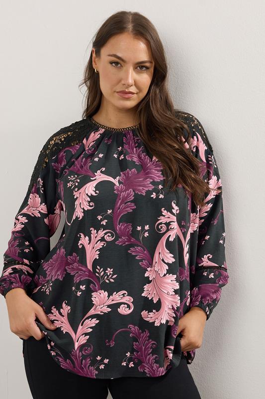 evans YOURS Curve Black Paisley Lace Insert Blouse