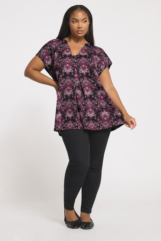 Evans YOURS Curve Black Paisley Print Pleated Top