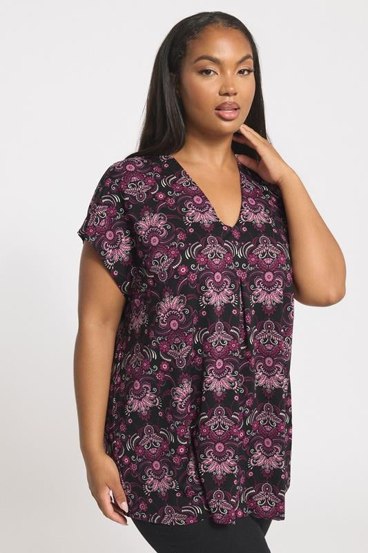 evans YOURS Curve Black Paisley Print Pleated Top