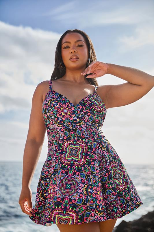 evans YOURS Curve Black Paisley Print Swimdress