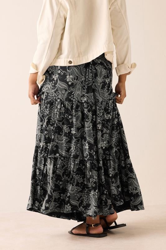 Evans YOURS Curve Black Paisley Tiered Maxi Skirt