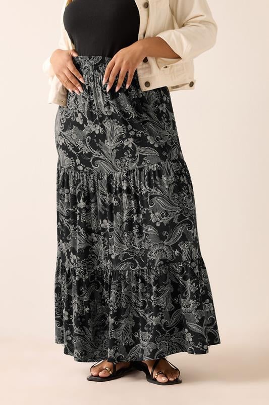 evans YOURS Curve Black Paisley Tiered Maxi Skirt