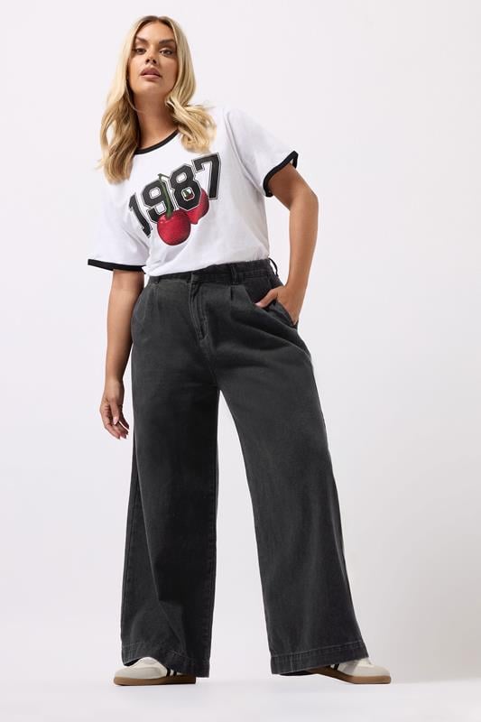 evans YOURS Curve Black Pleated Wide Leg Jeans
