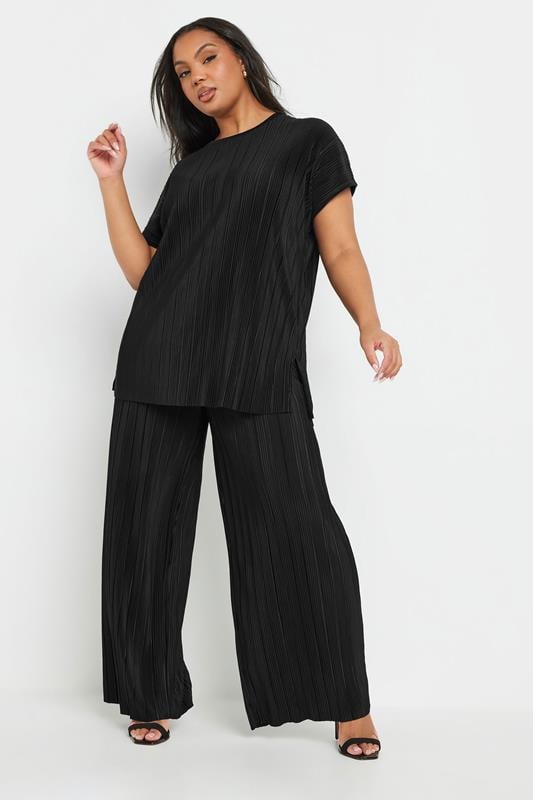 Evans YOURS Curve Black Plisse Wide Leg Trousers