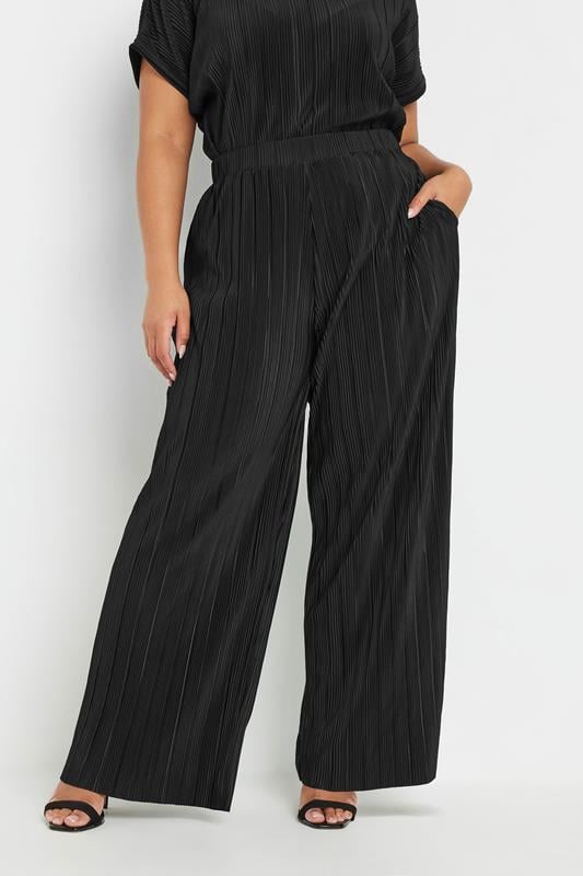 evans YOURS Curve Black Plisse Wide Leg Trousers