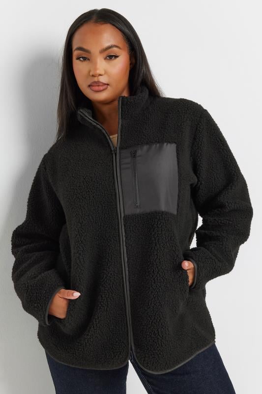 evans YOURS Curve Black Pocket Teddy Fleece Jacket