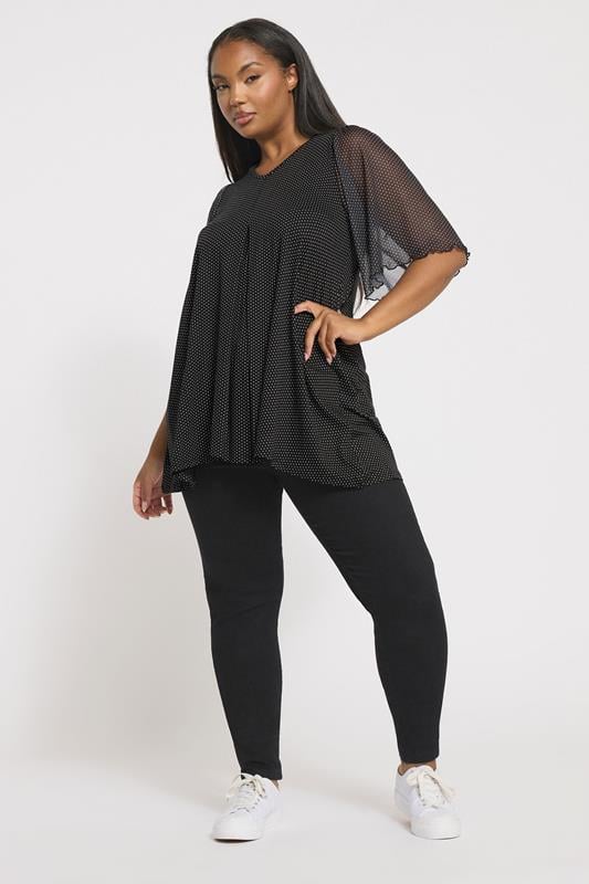 Evans YOURS Curve Black Polka Dot Mesh Sleeve Top