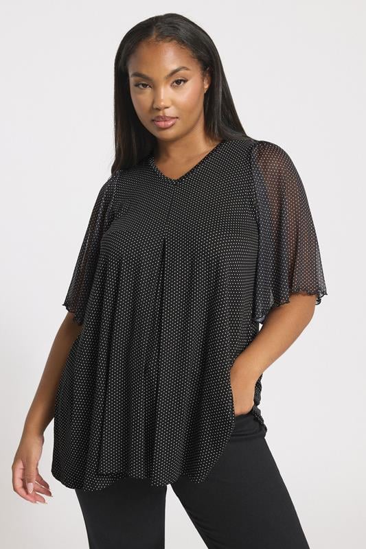 evans YOURS Curve Black Polka Dot Mesh Sleeve Top